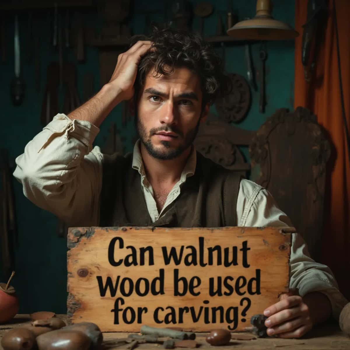 WOODCARVING LESSONS: Woodcarver Grabovetskiy, a man with a beard, holds a sign that says "What wood is the best for carving?" He looks thoughtful. Carving tools are on the table in front of him. - Wood Carving tutorials