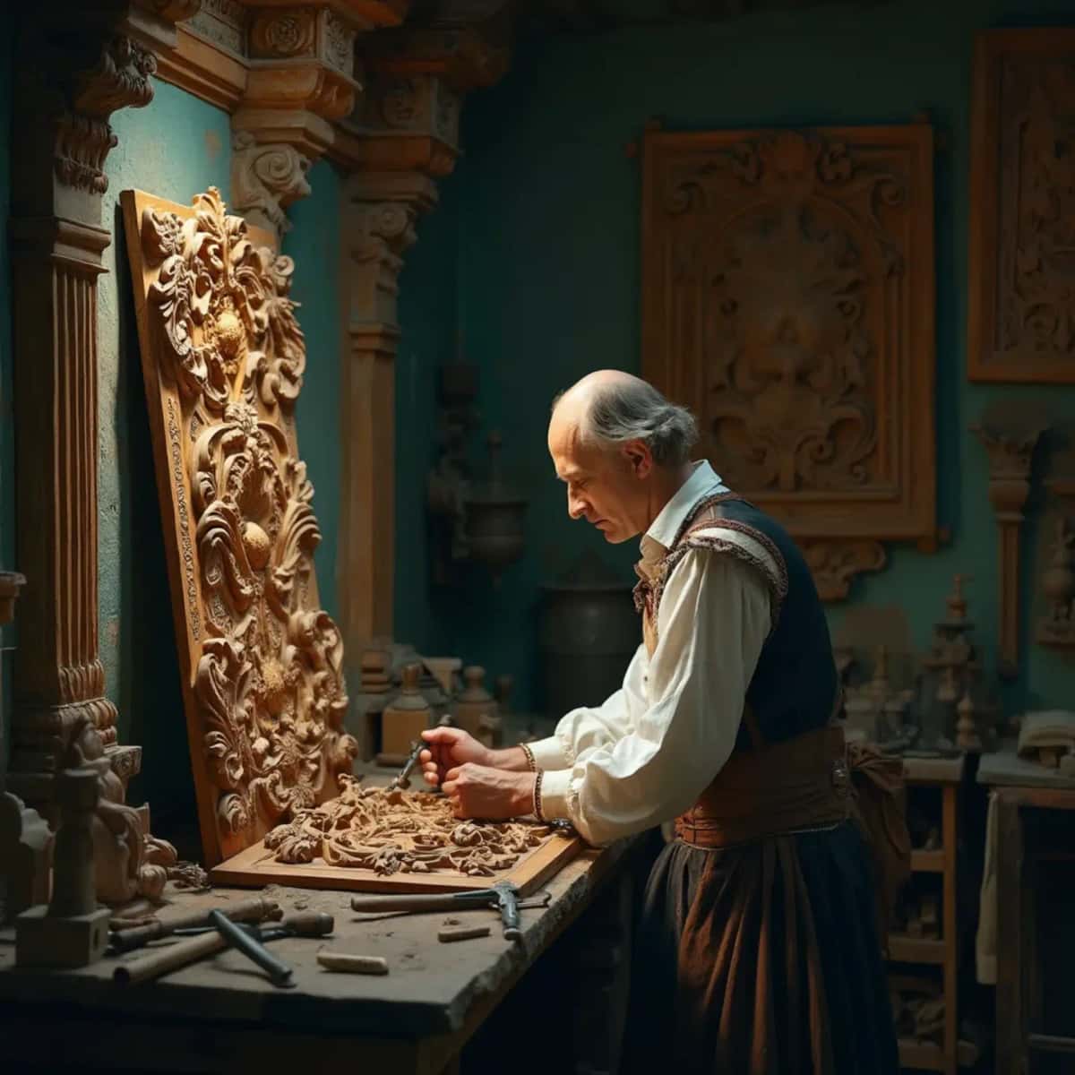 WOODCARVING LESSONS: Woodcarver Grabovetskiy, a man with a beard, holds a sign that says "What wood is the best for carving?" He looks thoughtful. Carving tools are on the table in front of him. - Wood Carving tutorials