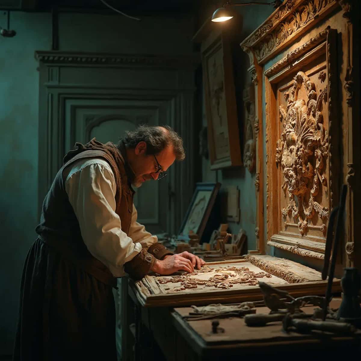 WOODCARVING LESSONS: Woodcarver Grabovetskiy, a man with a beard, holds a sign that says "What wood is the best for carving?" He looks thoughtful. Carving tools are on the table in front of him. - Wood Carving tutorials