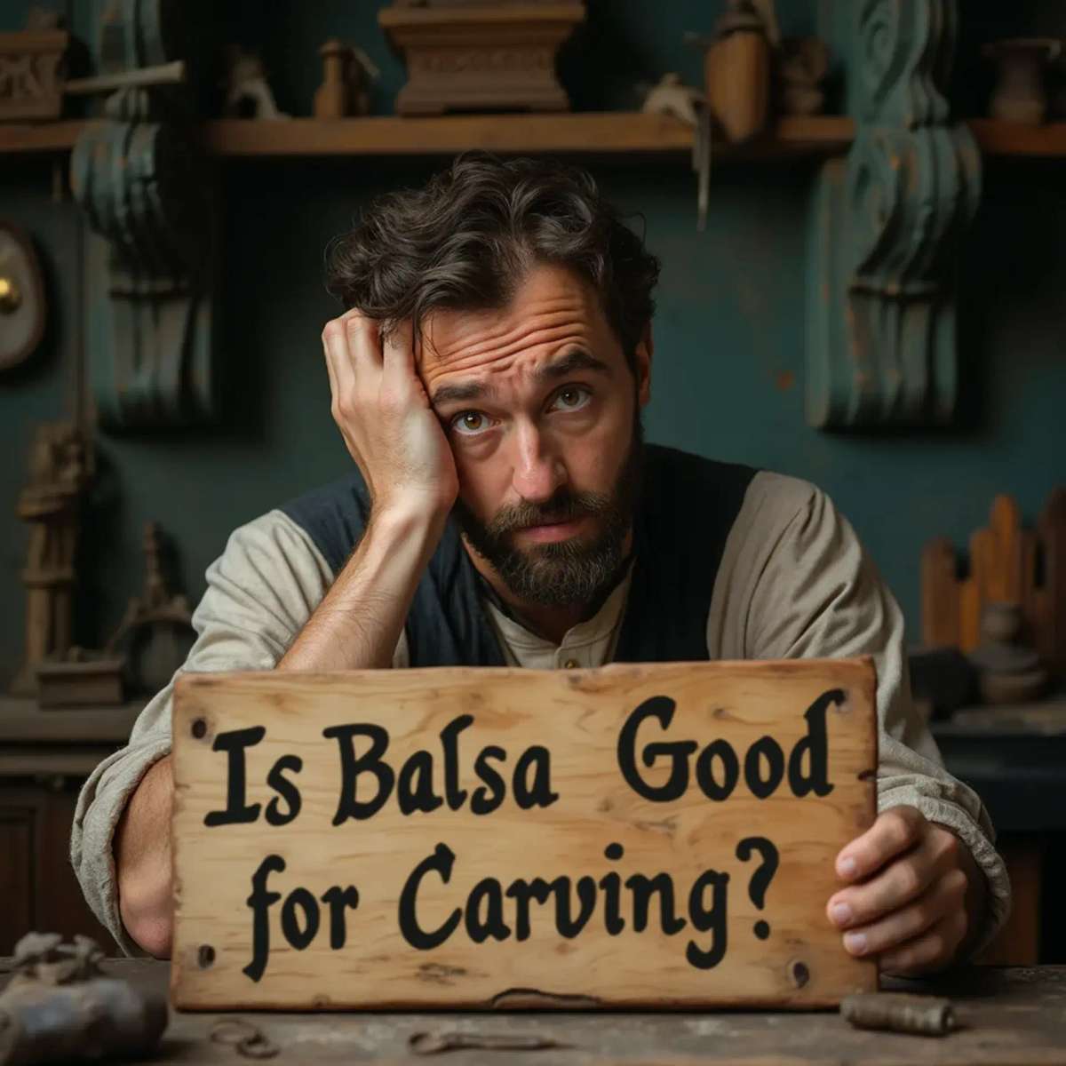 WOODCARVING LESSONS: Woodcarver Grabovetskiy, a man with a beard, holds a sign that says "What wood is the best for carving?" He looks thoughtful. Carving tools are on the table in front of him. - Wood Carving tutorials
