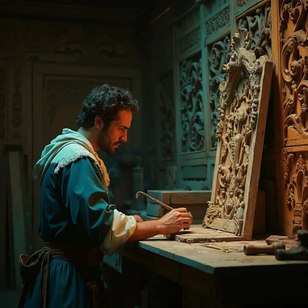 WOODCARVING LESSONS: Woodcarver Grabovetskiy, a man with a beard, holds a sign that says "What wood is the best for carving?" He looks thoughtful. Carving tools are on the table in front of him. - Wood Carving tutorials