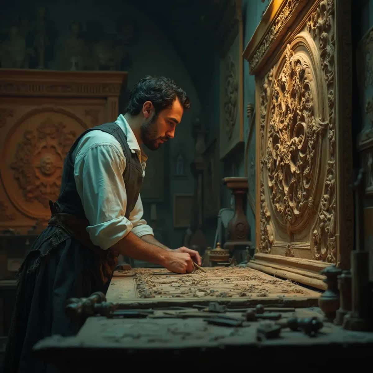 WOODCARVING LESSONS: Woodcarver Grabovetskiy, a man with a beard
