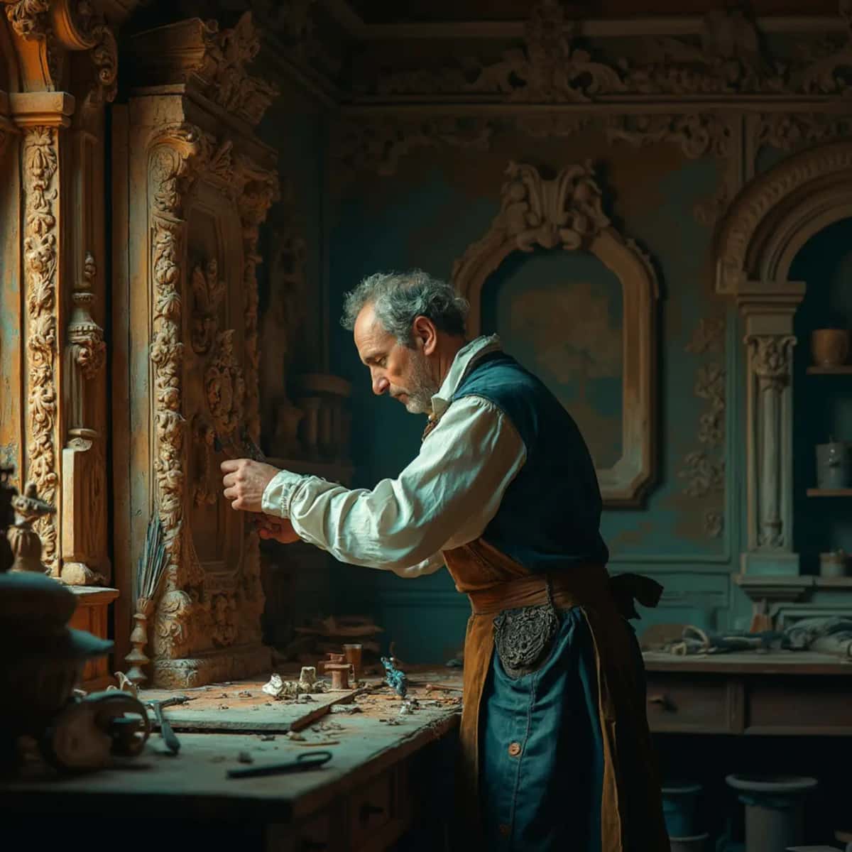 WOODCARVING LESSONS: Woodcarver Grabovetskiy, a man with a beard, holds a sign that says "What wood is the best for carving?" He looks thoughtful. Carving tools are on the table in front of him. - Wood Carving tutorials