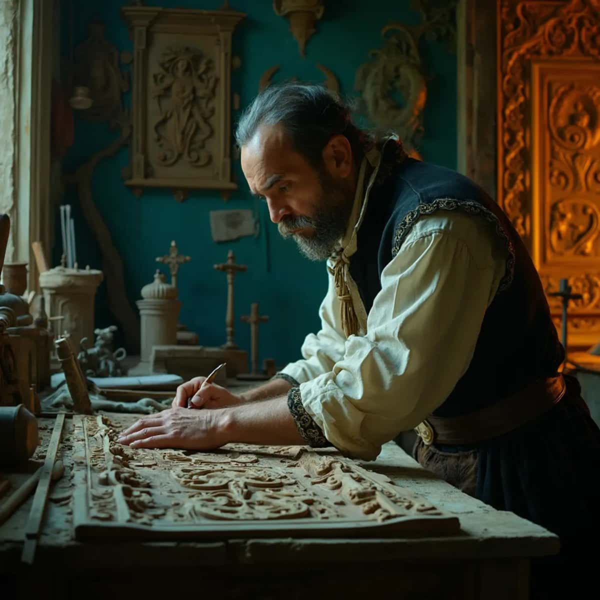 WOODCARVING LESSONS: Woodcarver Grabovetskiy, a man with a beard, holds a sign that says "What wood is the best for carving?" He looks thoughtful. Carving tools are on the table in front of him. - Wood Carving tutorials