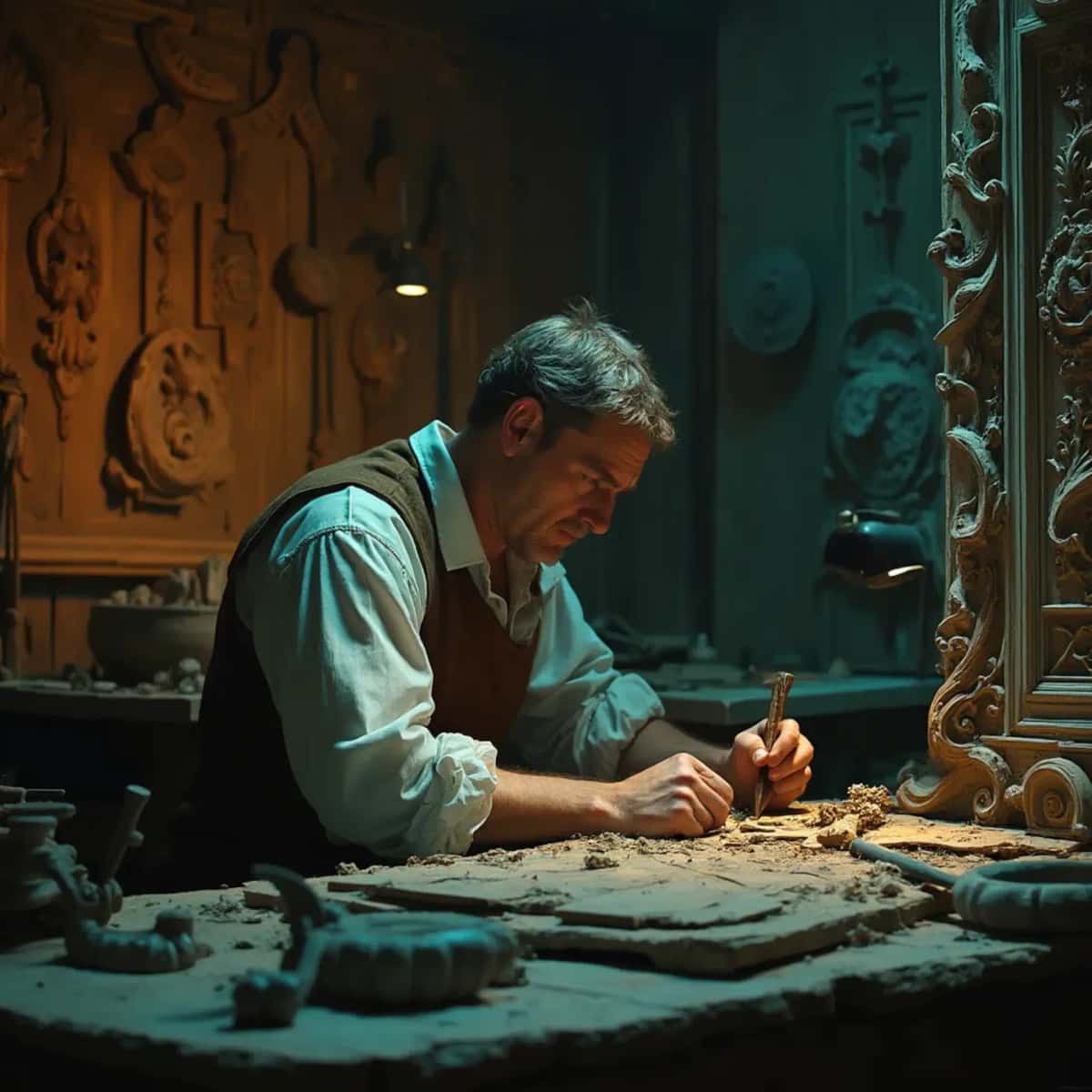 WOODCARVING LESSONS: Woodcarver Grabovetskiy, a man with a beard, holds a sign that says "What wood is the best for carving?" He looks thoughtful. Carving tools are on the table in front of him. - Wood Carving tutorials