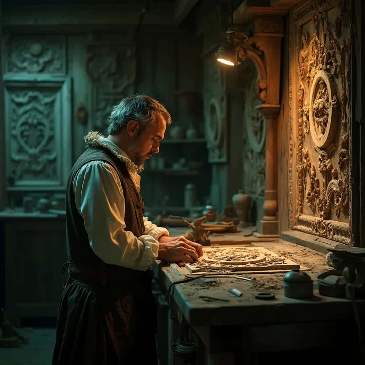 WOODCARVING LESSONS: Woodcarver Grabovetskiy, a man with a beard, holds a sign that says "What wood is the best for carving?" He looks thoughtful. Carving tools are on the table in front of him. - Wood Carving tutorials