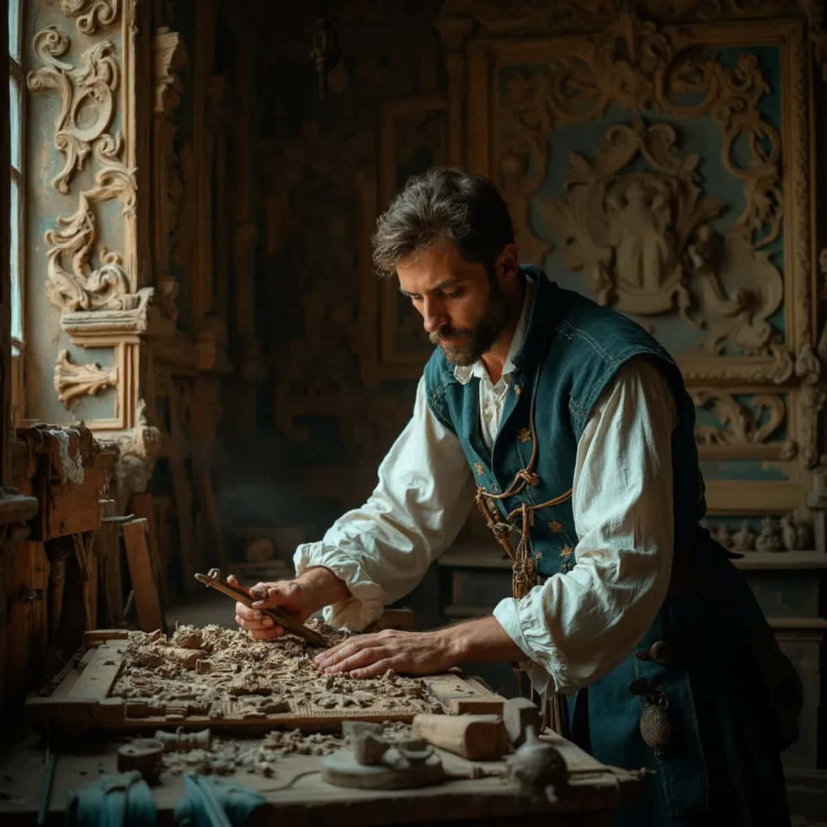 WOODCARVING LESSONS: Woodcarver Grabovetskiy, a man with a beard, holds a sign that says "What wood is the best for carving?" He looks thoughtful. Carving tools are on the table in front of him. - Wood Carving tutorials