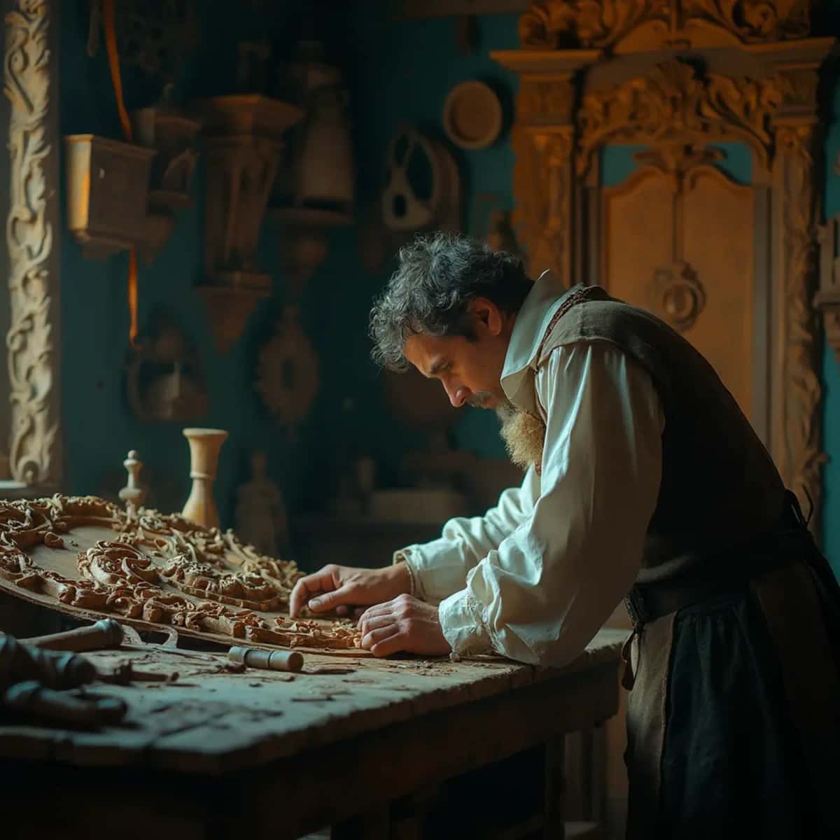 WOODCARVING LESSONS: Woodcarver Grabovetskiy, a man with a beard, holds a sign that says "What wood is the best for carving?" He looks thoughtful. Carving tools are on the table in front of him. - Wood Carving tutorials