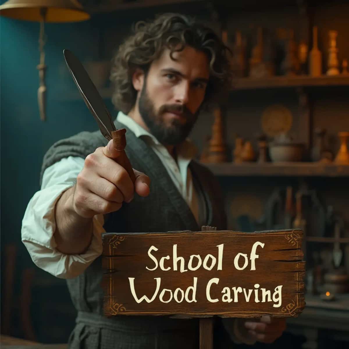 WOODCARVING LESSONS: Woodcarver Grabovetskiy, an elderly man with a gray beard, holds a carving tool and a sign that asks, "What is the best wood for carving? - Wood Carving tutorials