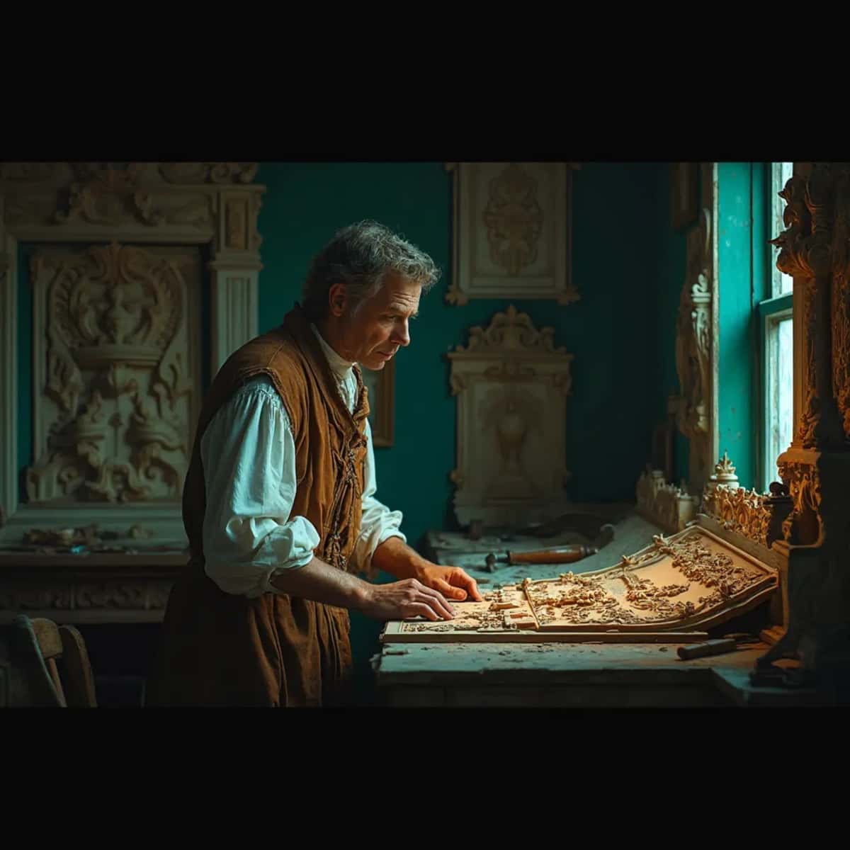 WOODCARVING LESSONS: Woodcarver Grabovetskiy, a man with a beard, holds a sign that says "What wood is the best for carving?" He looks thoughtful. Carving tools are on the table in front of him. - Wood Carving tutorials