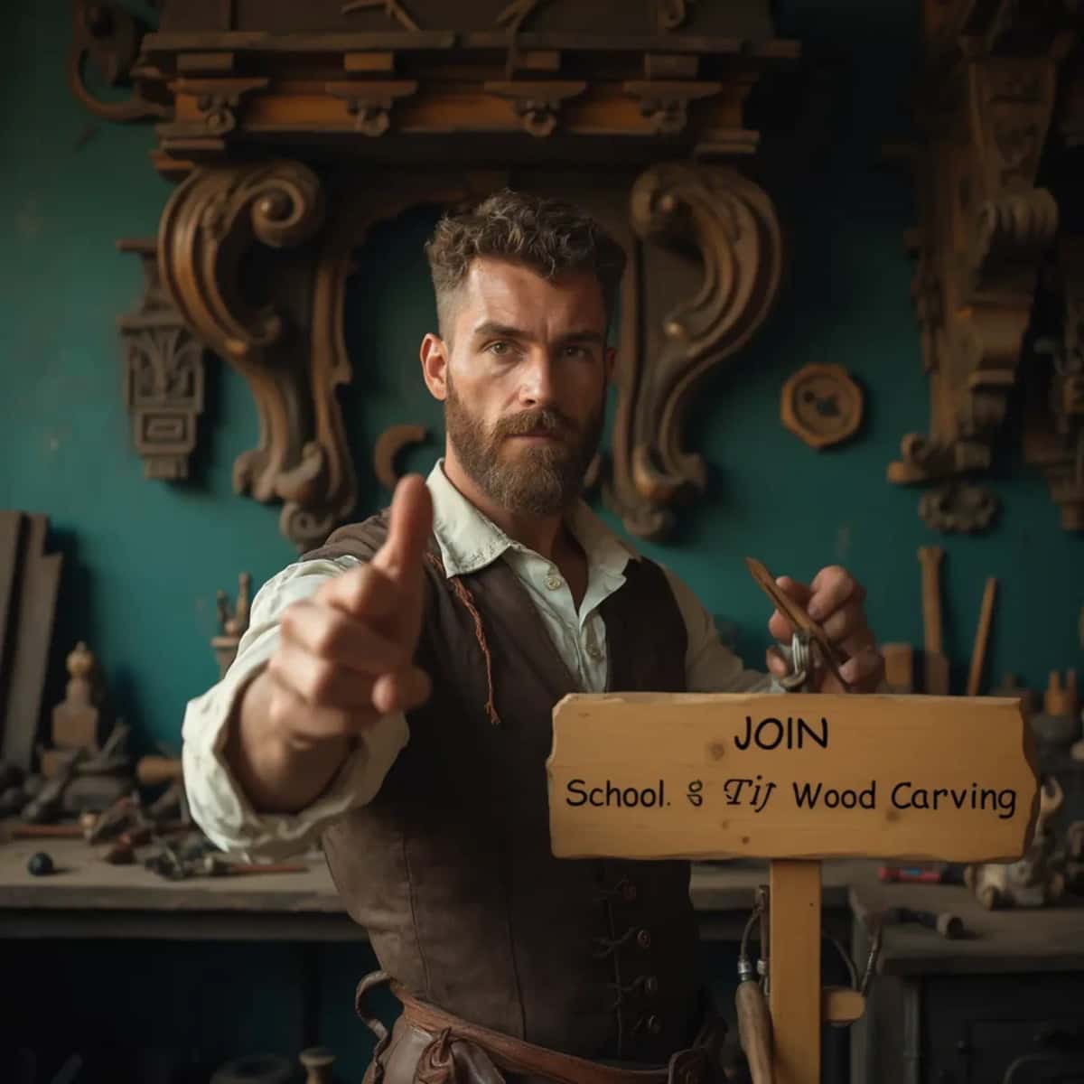 WOODCARVING LESSONS: Woodcarver Grabovetskiy, an elderly man with a gray beard, holds a carving tool and a sign that asks, "What is the best wood for carving? - Wood Carving tutorials