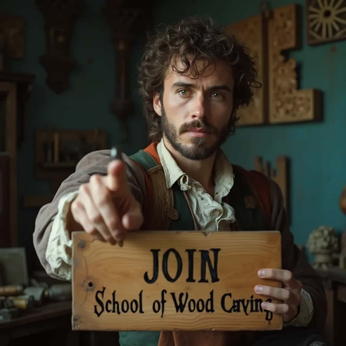 WOODCARVING LESSONS: Woodcarver Grabovetskiy, an elderly man with a gray beard, holds a carving tool and a sign that asks, "What is the best wood for carving? - Wood Carving tutorials