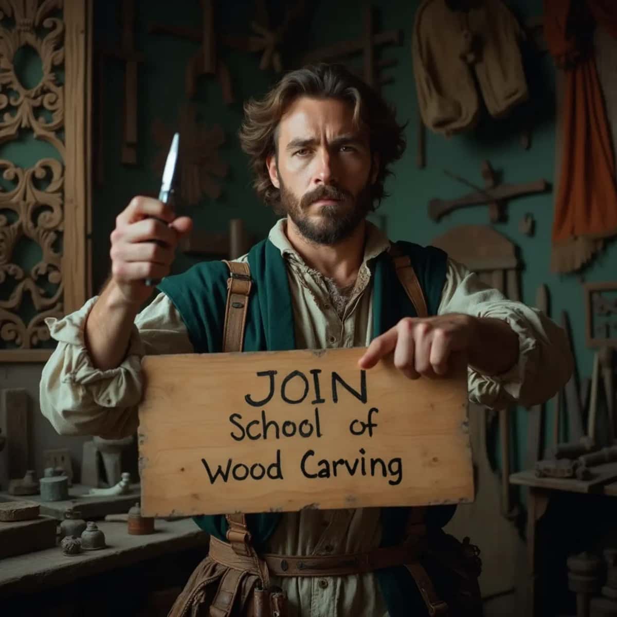 WOODCARVING LESSONS: Woodcarver Grabovetskiy, an elderly man with a gray beard, holds a carving tool and a sign that asks, "What is the best wood for carving? - Wood Carving tutorials