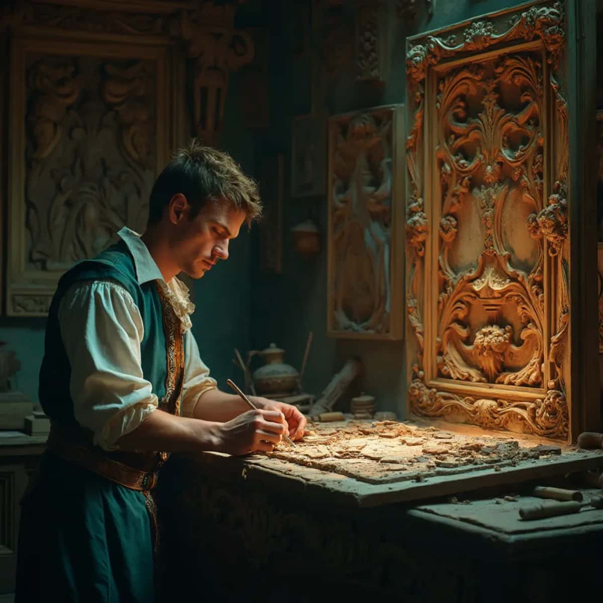WOODCARVING LESSONS: Woodcarver Grabovetskiy, a man with a beard, holds a sign that says "What wood is the best for carving?" He looks thoughtful. Carving tools are on the table in front of him. - Wood Carving tutorials