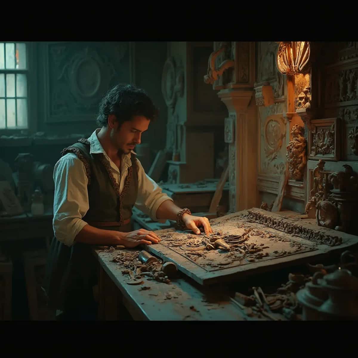 WOODCARVING LESSONS: Woodcarver Grabovetskiy, a man with a beard, holds a sign that says "What wood is the best for carving?" He looks thoughtful. Carving tools are on the table in front of him. - Wood Carving tutorials