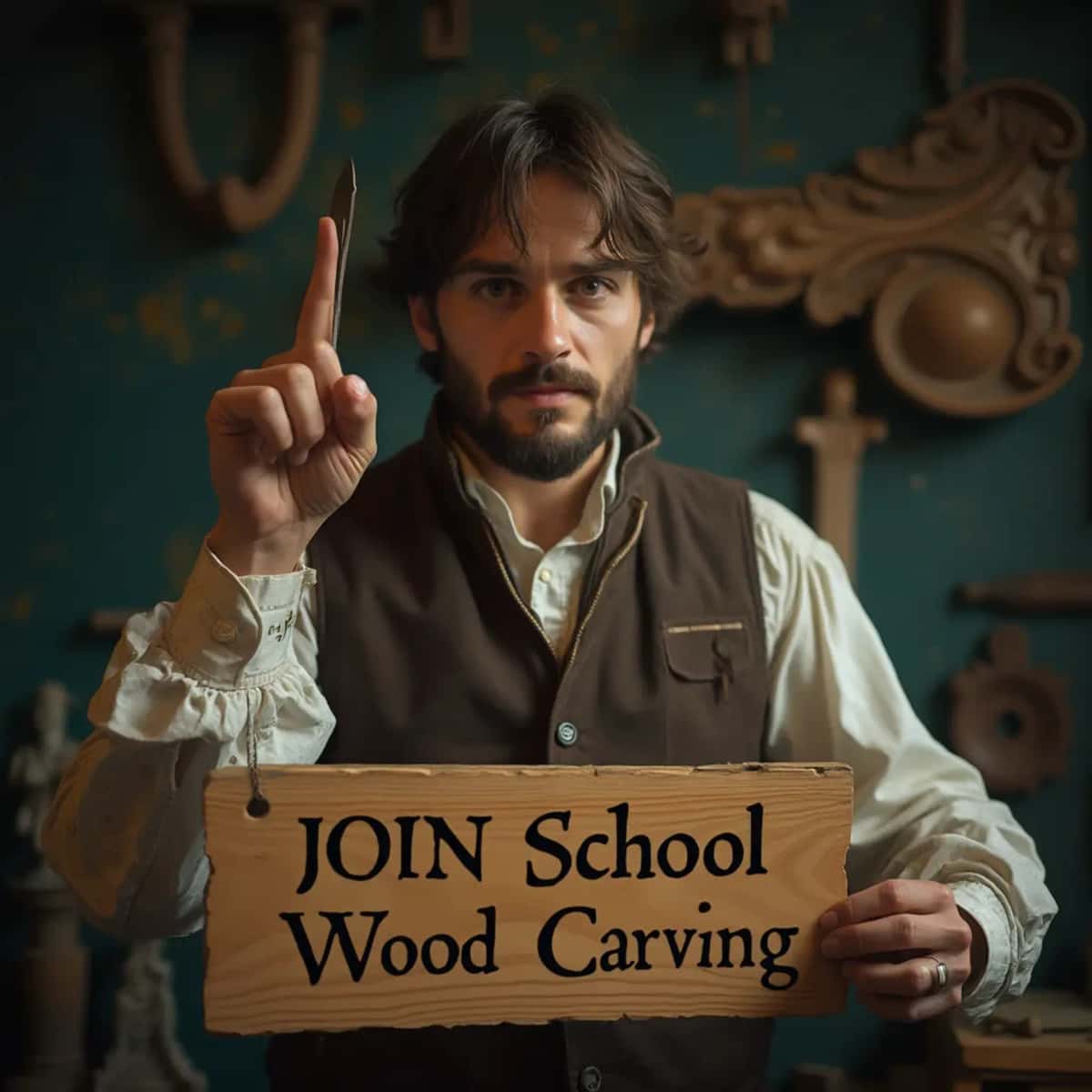WOODCARVING LESSONS: Woodcarver Grabovetskiy, an elderly man with a gray beard, holds a carving tool and a sign that asks, "What is the best wood for carving? - Wood Carving tutorials