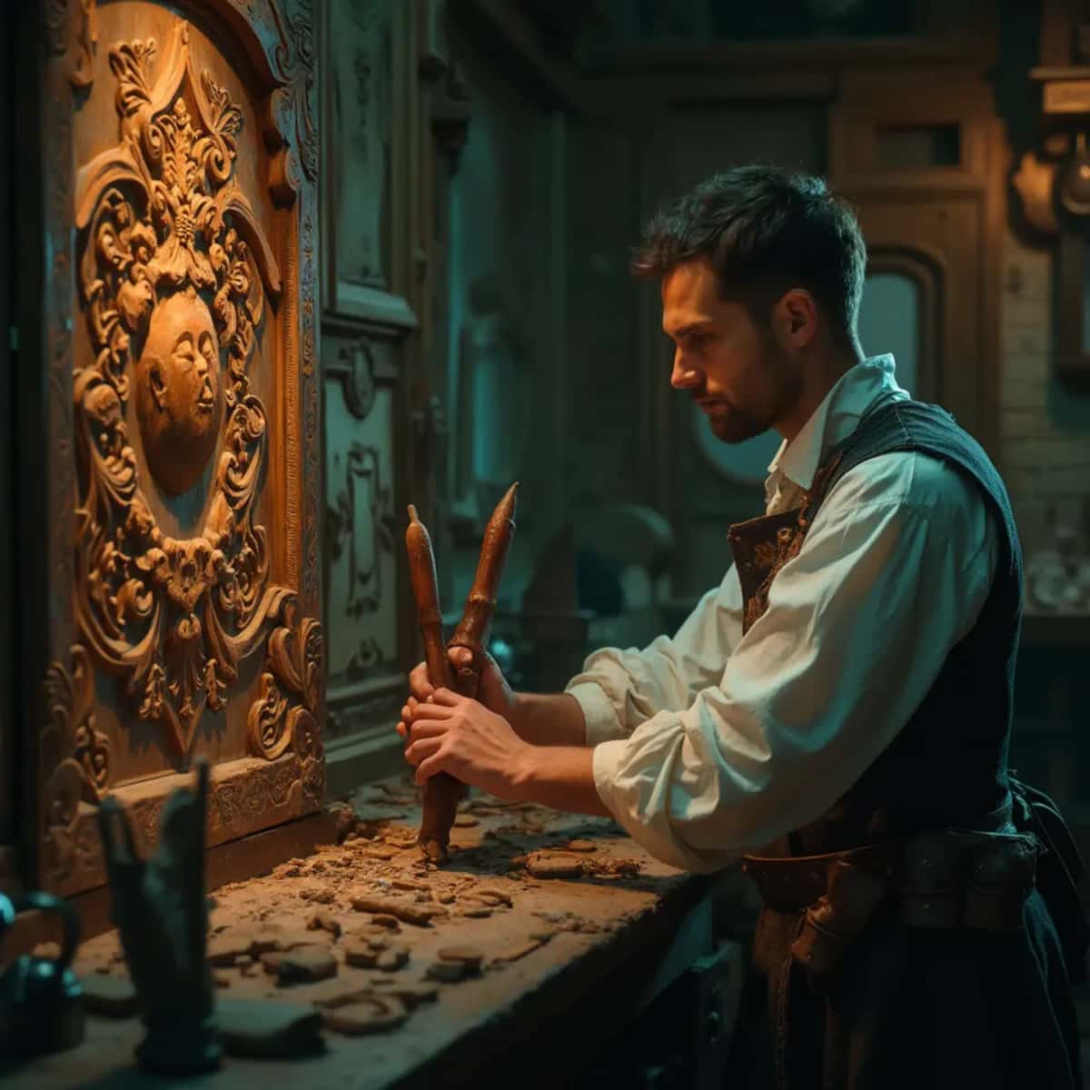 WOODCARVING LESSONS: Woodcarver Grabovetskiy, a man with a beard