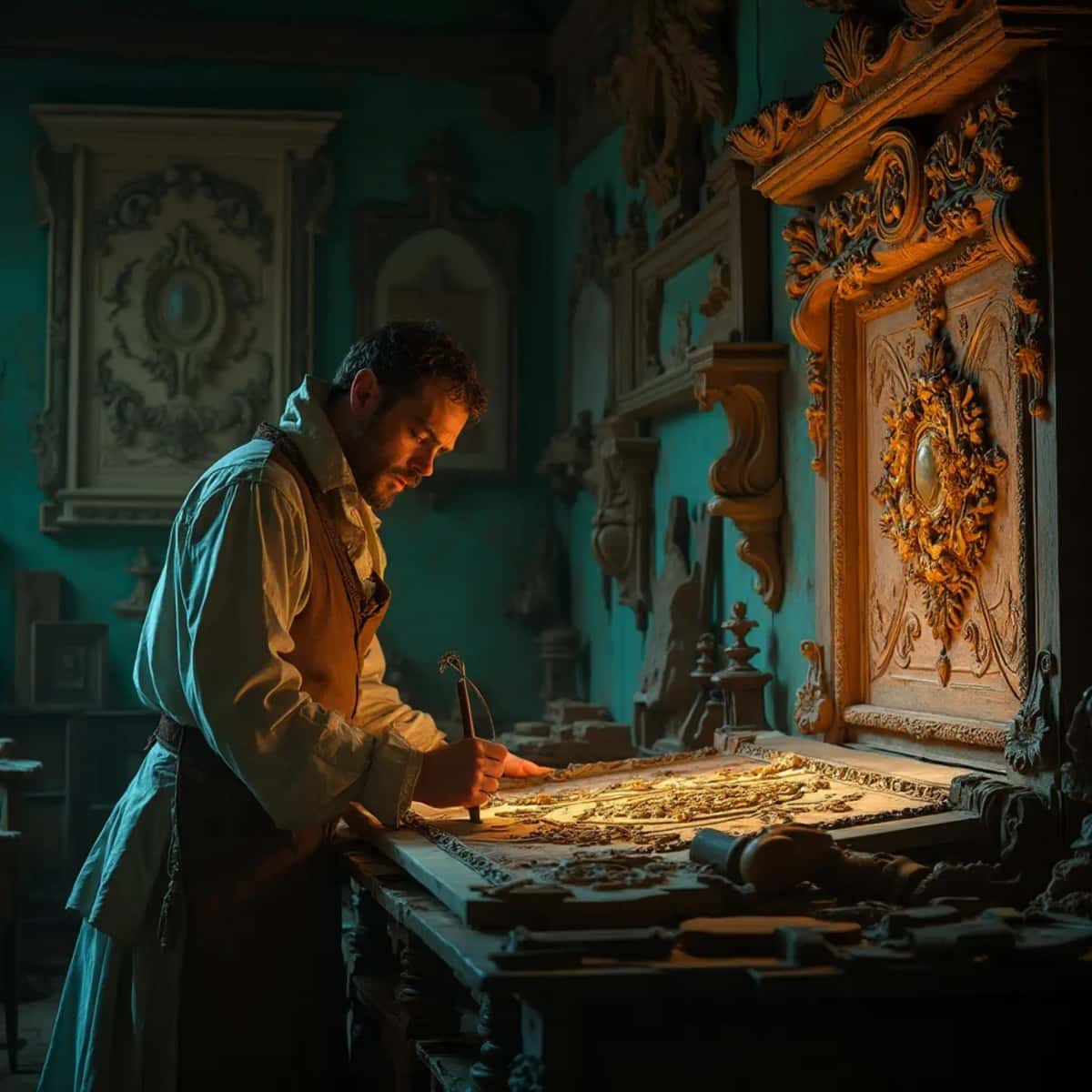 WOODCARVING LESSONS: Woodcarver Grabovetskiy, a man with a beard, holds a sign that says "What wood is the best for carving?" He looks thoughtful. Carving tools are on the table in front of him. - Wood Carving tutorials