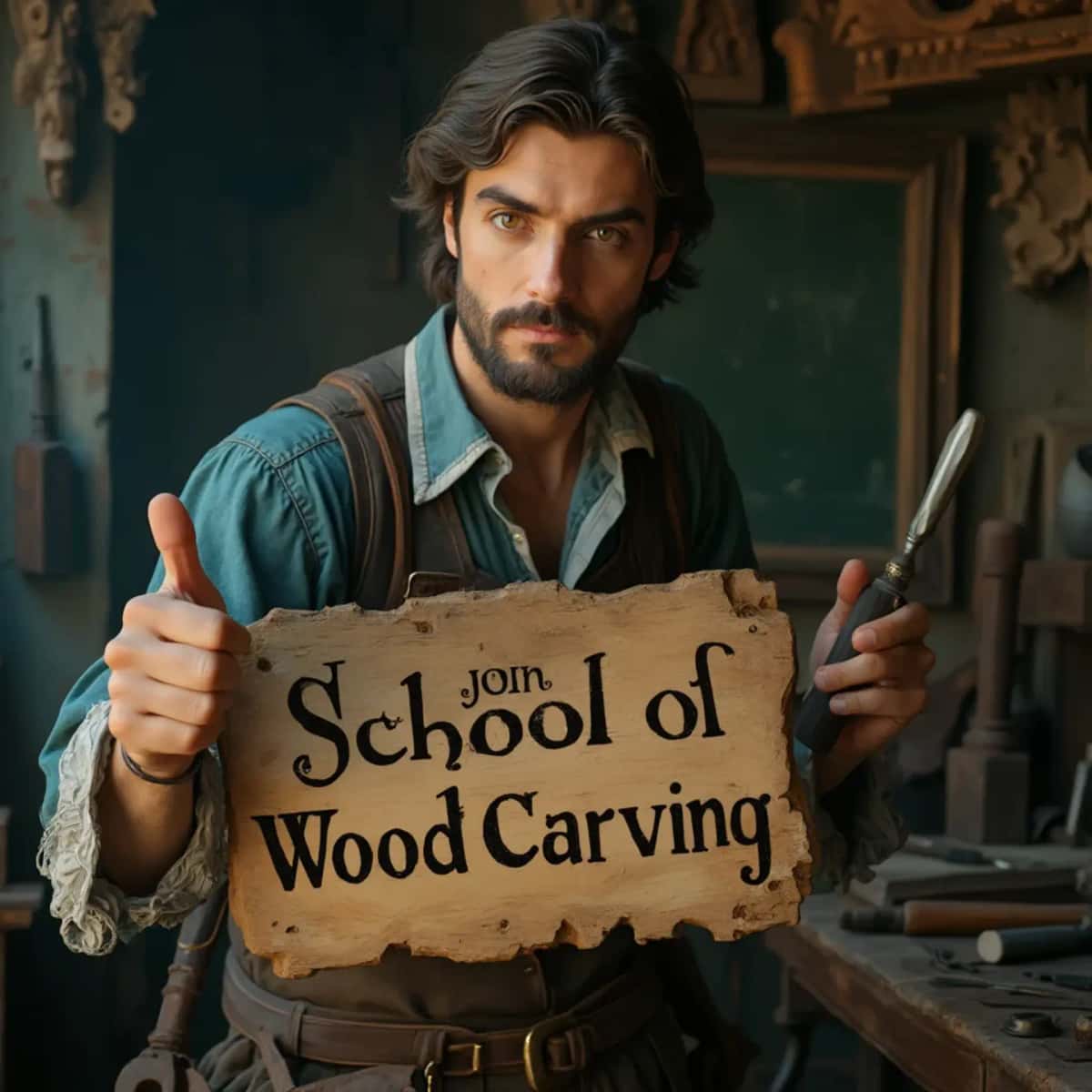WOODCARVING LESSONS: Woodcarver Grabovetskiy, an elderly man with a gray beard, holds a carving tool and a sign that asks, "What is the best wood for carving? - Wood Carving tutorials