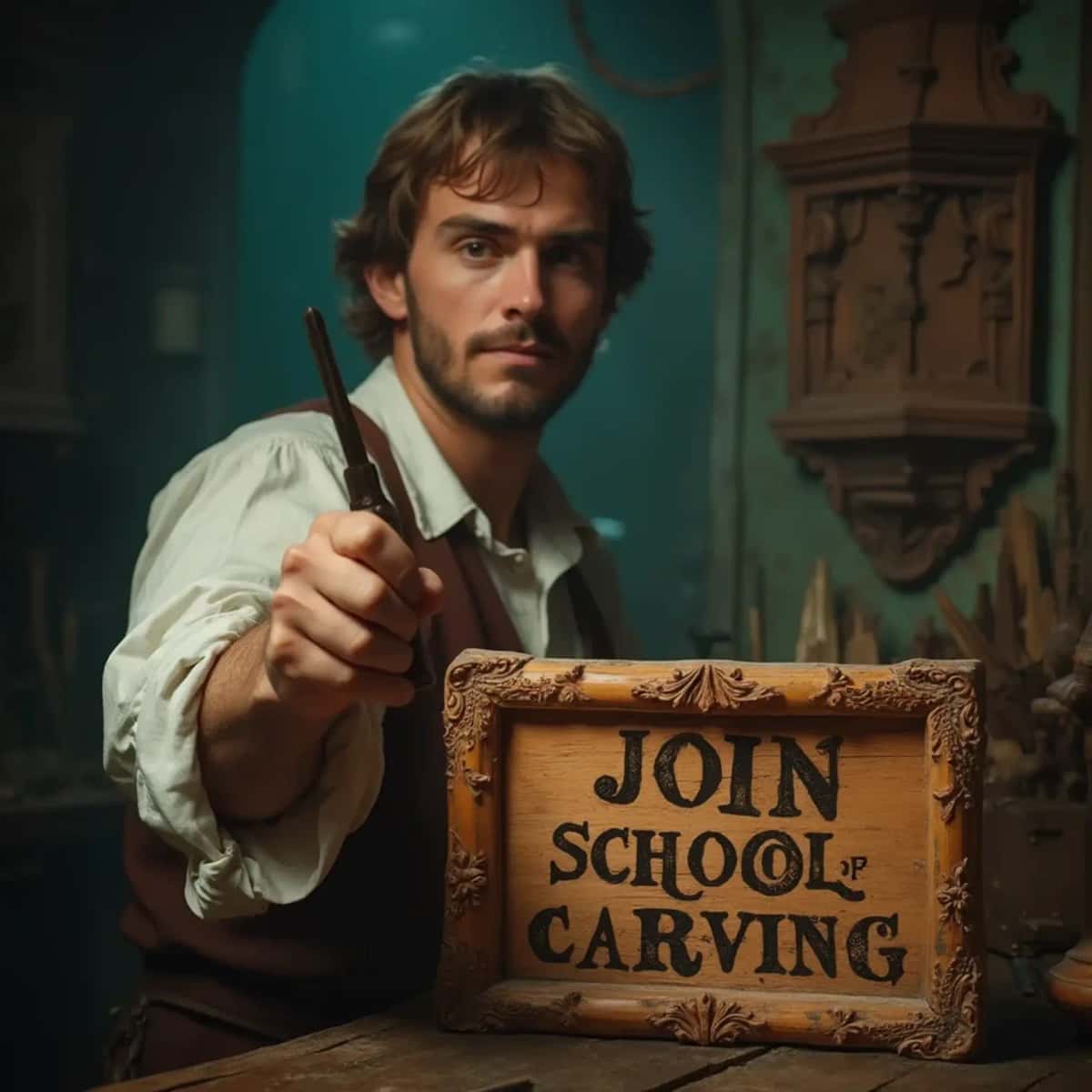 WOODCARVING LESSONS: Woodcarver Grabovetskiy, an elderly man with a gray beard, holds a carving tool and a sign that asks, "What is the best wood for carving? - Wood Carving tutorials
