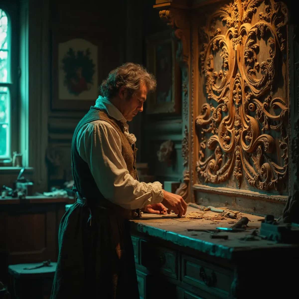 WOODCARVING LESSONS: Woodcarver Grabovetskiy, a man with a beard, holds a sign that says "What wood is the best for carving?" He looks thoughtful. Carving tools are on the table in front of him. - Wood Carving tutorials