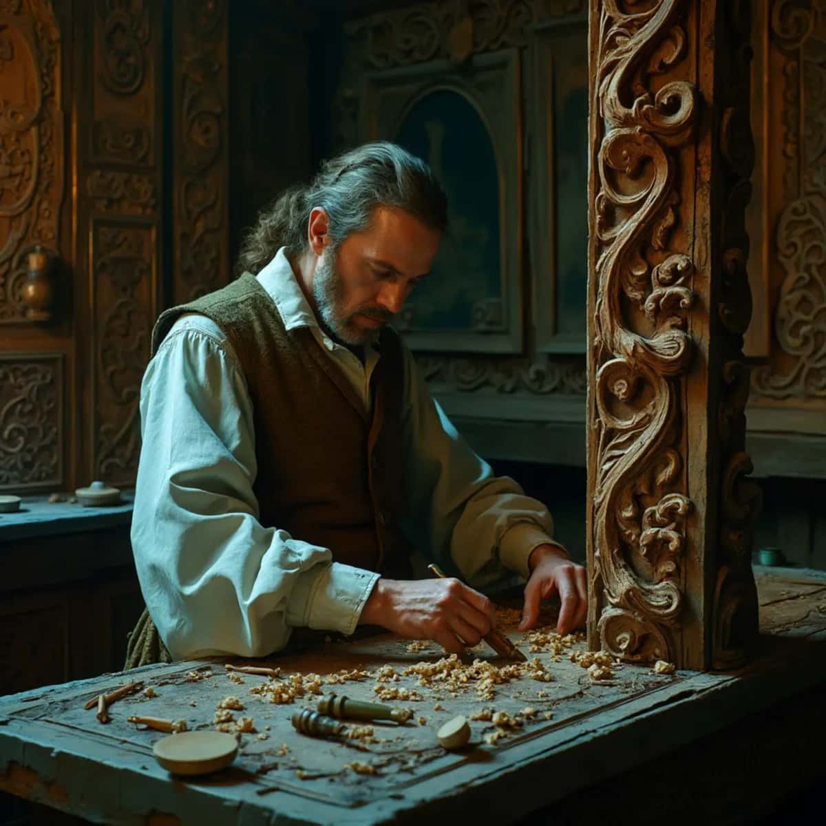 WOODCARVING LESSONS: Woodcarver Grabovetskiy, a man with a beard, holds a sign that says "What wood is the best for carving?" He looks thoughtful. Carving tools are on the table in front of him. - Wood Carving tutorials