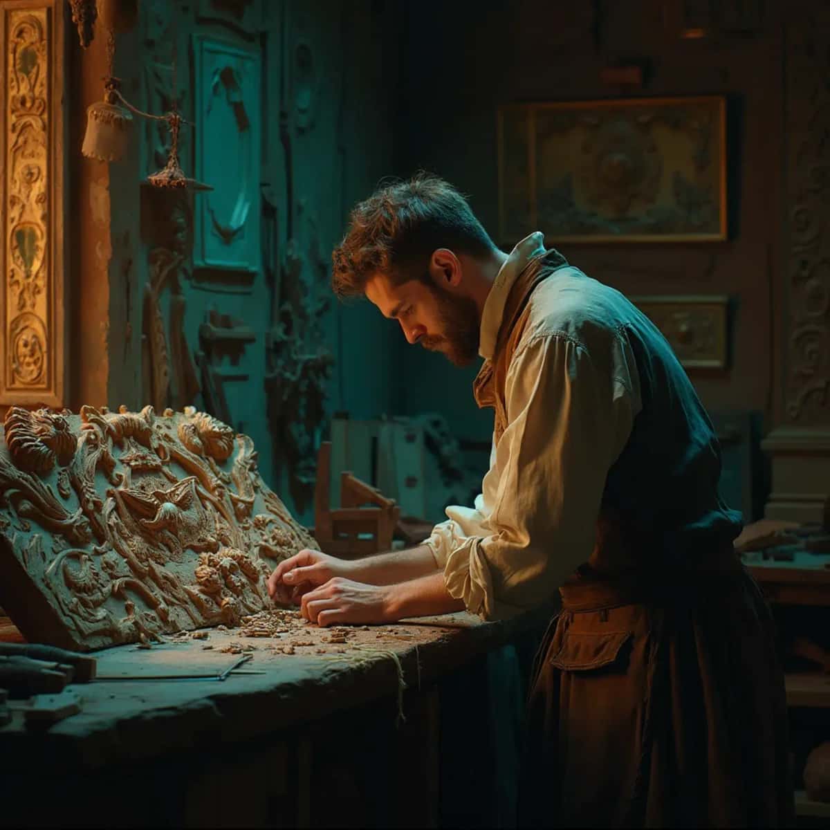 WOODCARVING LESSONS: Woodcarver Grabovetskiy, a man with a beard, holds a sign that says "What wood is the best for carving?" He looks thoughtful. Carving tools are on the table in front of him. - Wood Carving tutorials