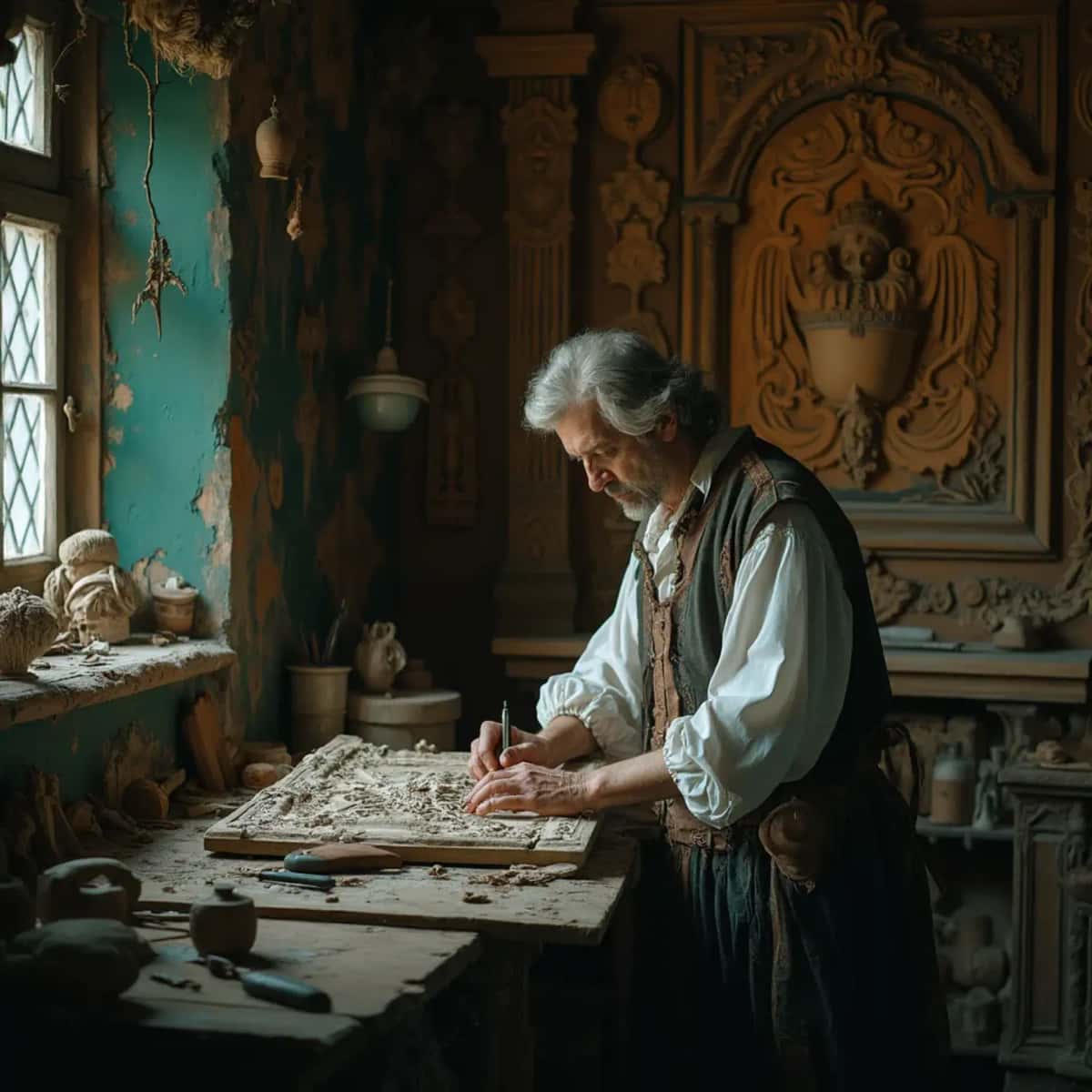 WOODCARVING LESSONS: Woodcarver Grabovetskiy, a man with a beard, holds a sign that says "What wood is the best for carving?" He looks thoughtful. Carving tools are on the table in front of him. - Wood Carving tutorials