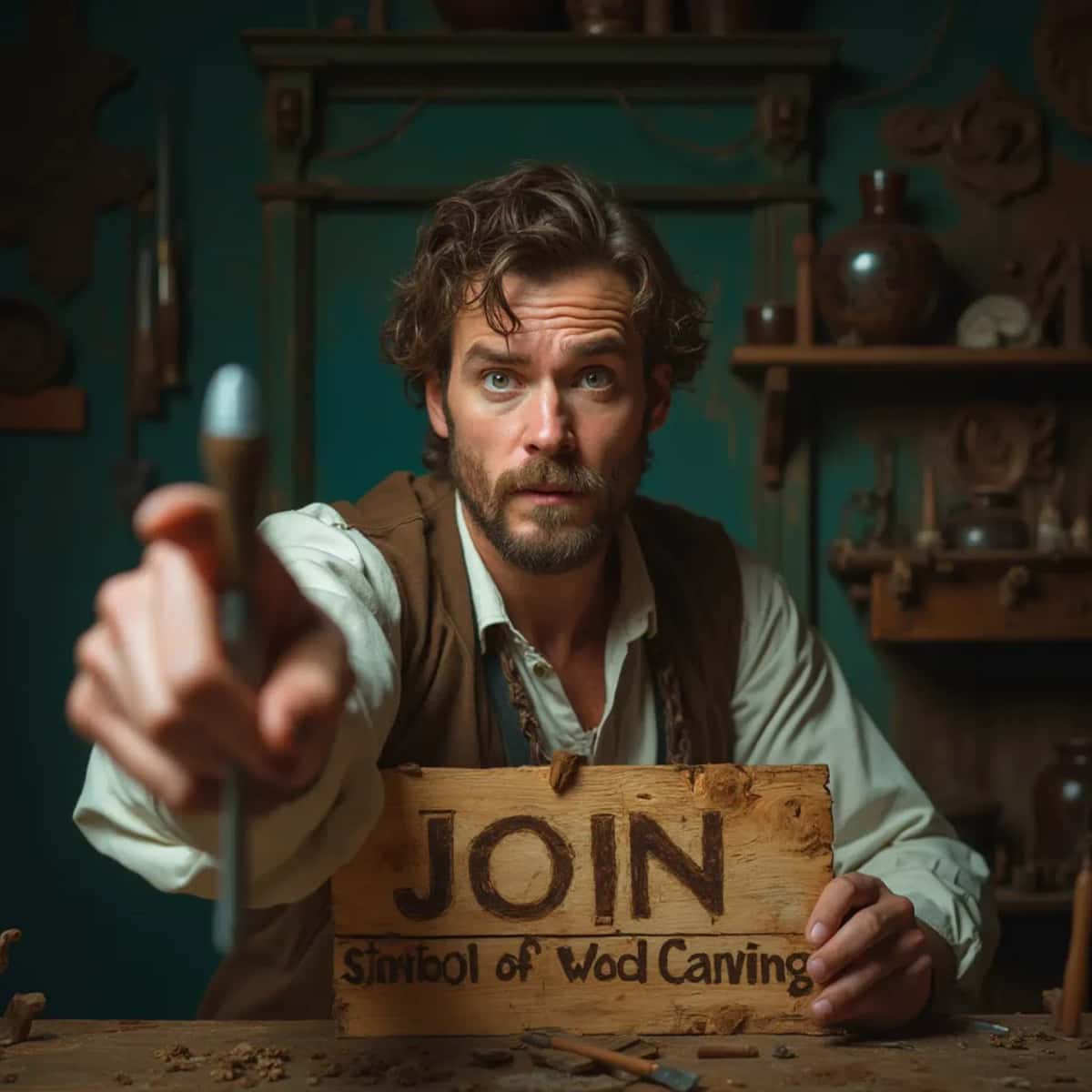 WOODCARVING LESSONS: Woodcarver Grabovetskiy, an elderly man with a gray beard, holds a carving tool and a sign that asks, "What is the best wood for carving? - Wood Carving tutorials