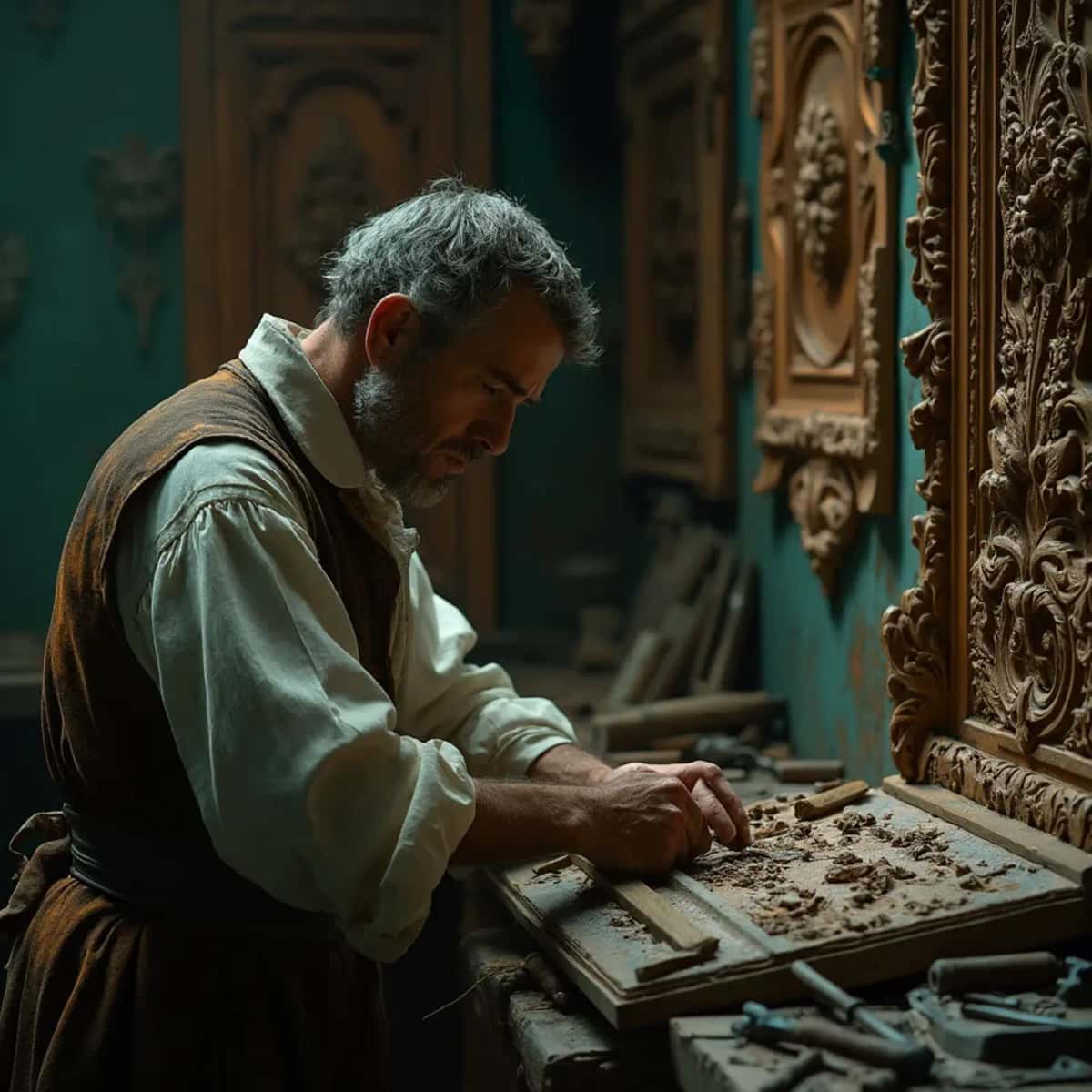 WOODCARVING LESSONS: Woodcarver Grabovetskiy, a man with a beard, holds a sign that says "What wood is the best for carving?" He looks thoughtful. Carving tools are on the table in front of him. - Wood Carving tutorials
