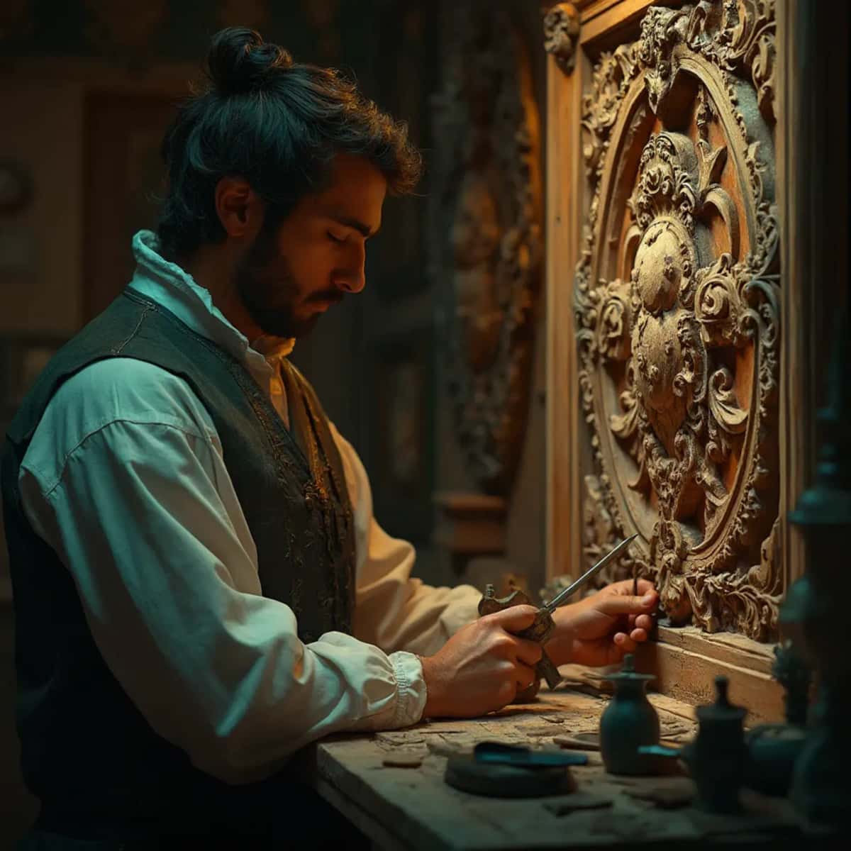 WOODCARVING LESSONS: Woodcarver Grabovetskiy, a man with a beard