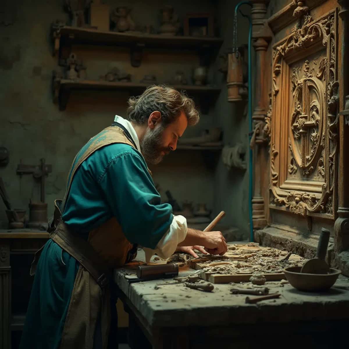 WOODCARVING LESSONS: Woodcarver Grabovetskiy, a man with a beard, holds a sign that says "What wood is the best for carving?" He looks thoughtful. Carving tools are on the table in front of him. - Wood Carving tutorials