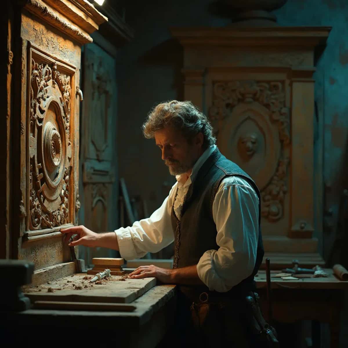 WOODCARVING LESSONS: Woodcarver Grabovetskiy, a man with a beard, holds a sign that says "What wood is the best for carving?" He looks thoughtful. Carving tools are on the table in front of him. - Wood Carving tutorials