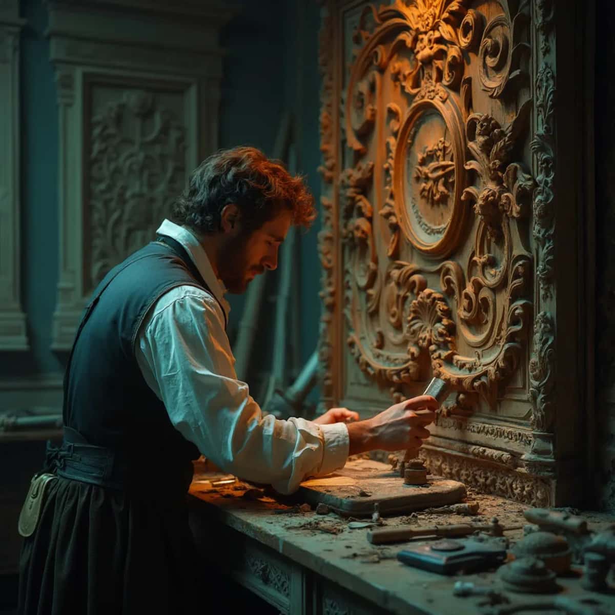WOODCARVING LESSONS: Woodcarver Grabovetskiy, a man with a beard, holds a sign that says "What wood is the best for carving?" He looks thoughtful. Carving tools are on the table in front of him. - Wood Carving tutorials