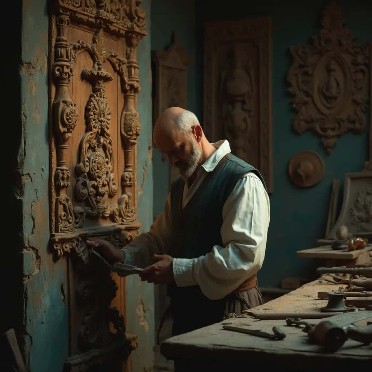 WOODCARVING LESSONS: Woodcarver Grabovetskiy, a man with a beard, holds a sign that says "What wood is the best for carving?" He looks thoughtful. Carving tools are on the table in front of him. - Wood Carving tutorials