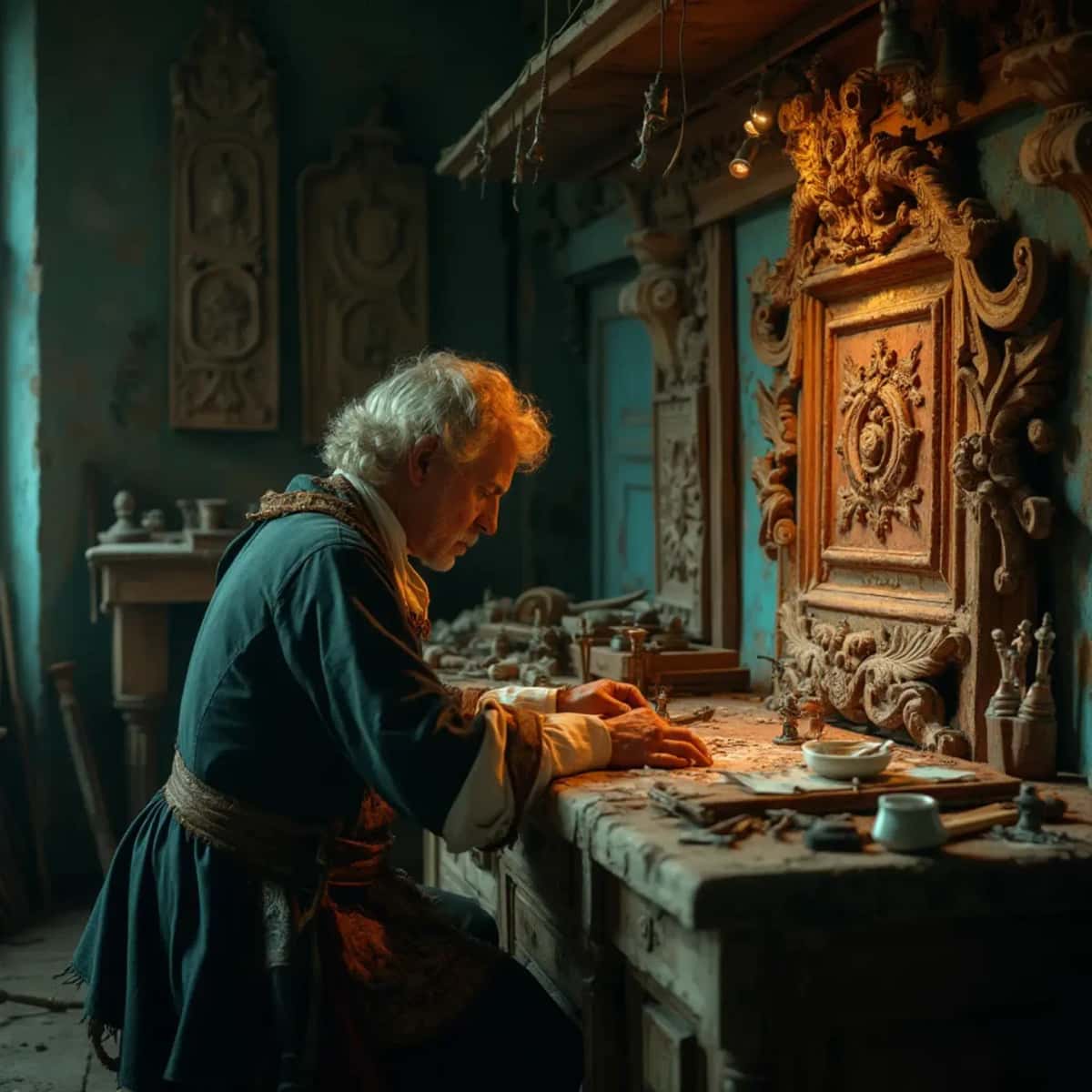 WOODCARVING LESSONS: Woodcarver Grabovetskiy, a man with a beard, holds a sign that says "What wood is the best for carving?" He looks thoughtful. Carving tools are on the table in front of him. - Wood Carving tutorials