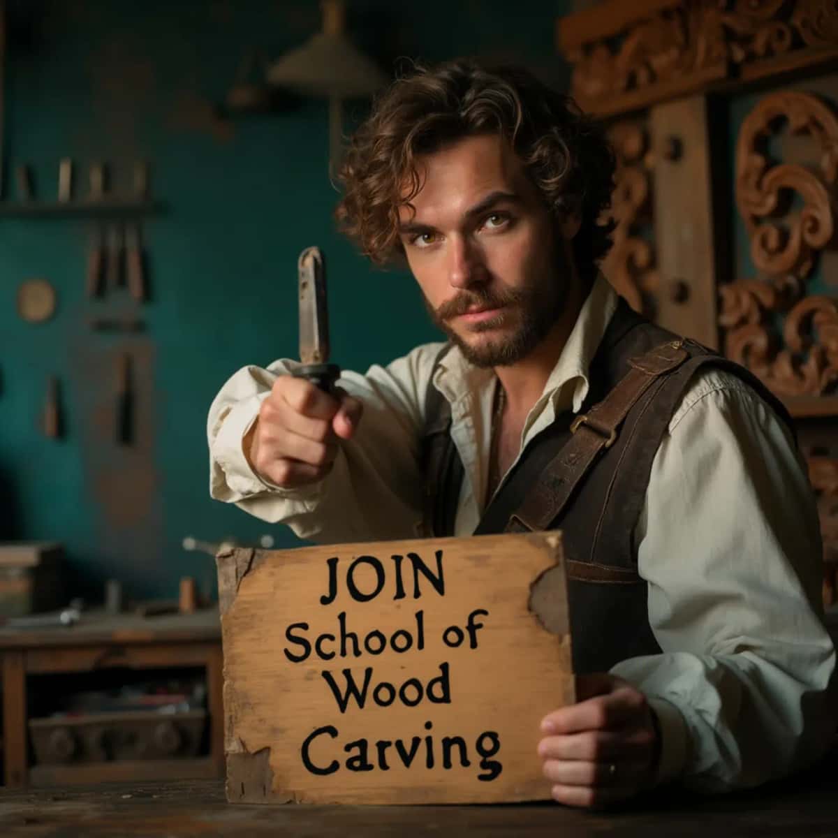 WOODCARVING LESSONS: Woodcarver Grabovetskiy, an elderly man with a gray beard, holds a carving tool and a sign that asks, "What is the best wood for carving? - Wood Carving tutorials