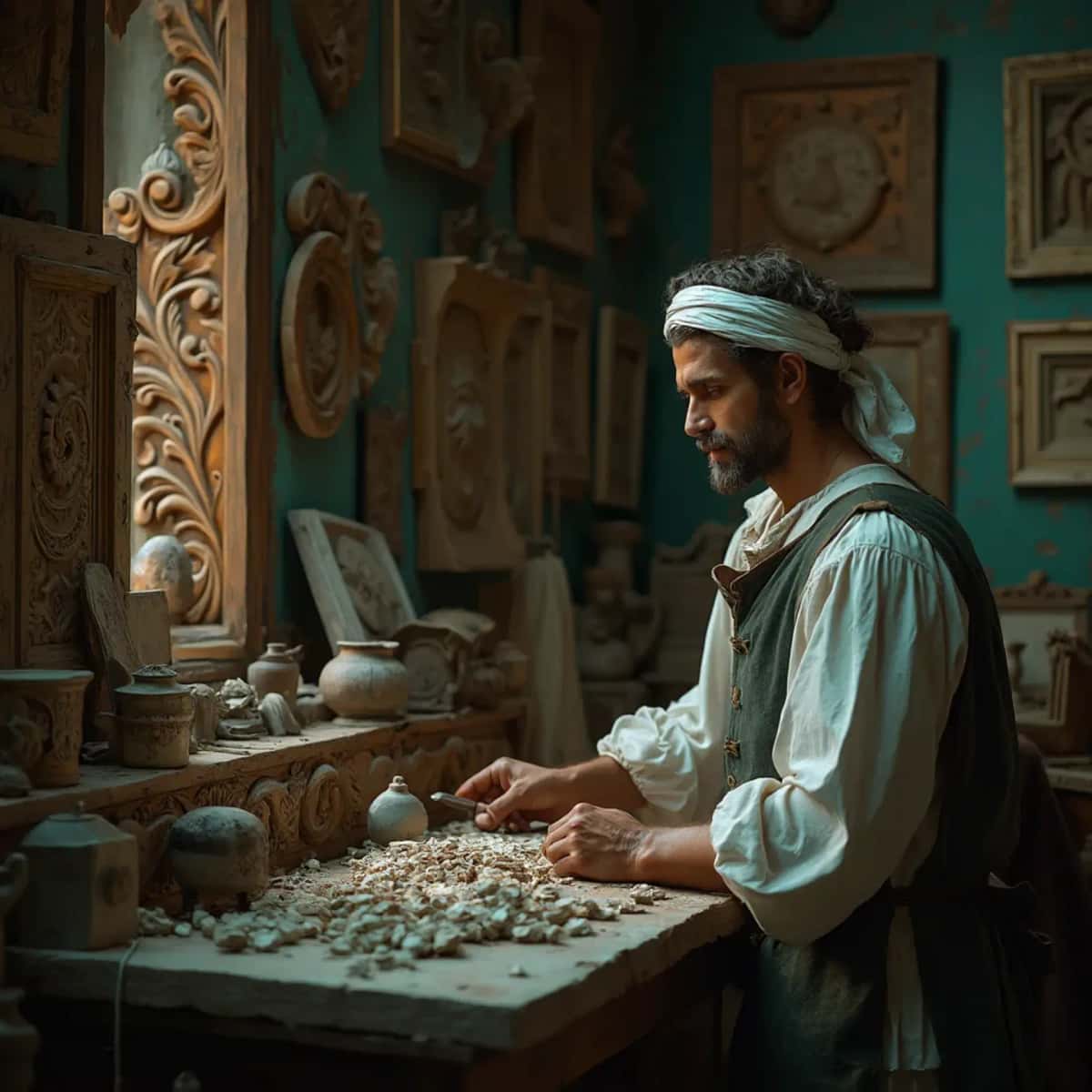 WOODCARVING LESSONS: Woodcarver Grabovetskiy, a man with a beard, holds a sign that says "What wood is the best for carving?" He looks thoughtful. Carving tools are on the table in front of him. - Wood Carving tutorials