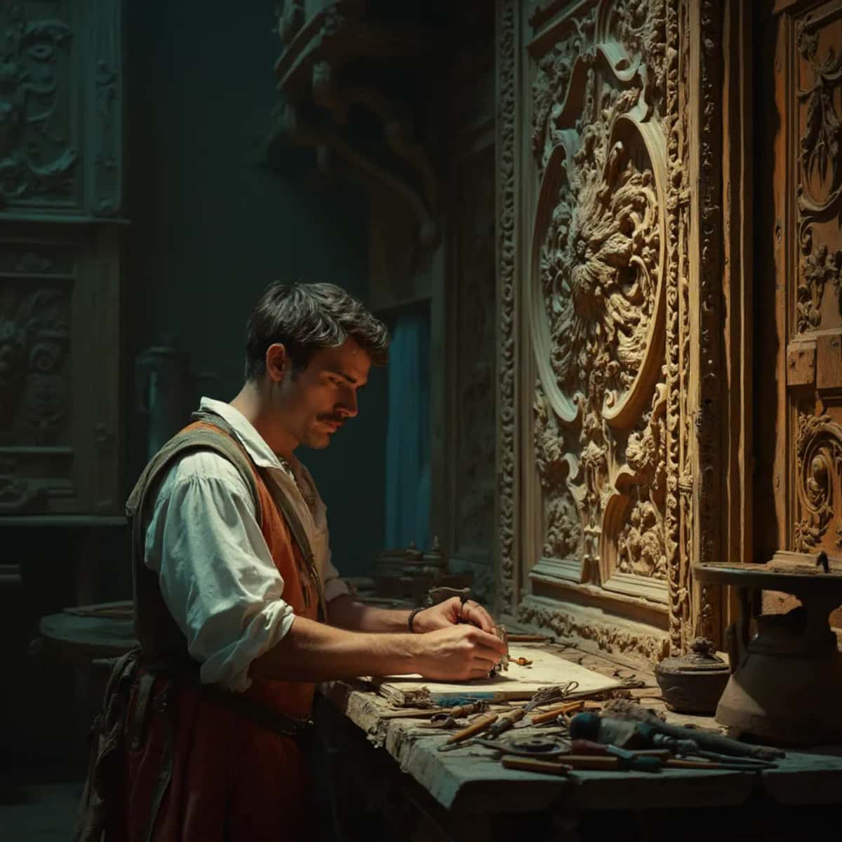 WOODCARVING LESSONS: Woodcarver Grabovetskiy, a man with a beard, holds a sign that says "What wood is the best for carving?" He looks thoughtful. Carving tools are on the table in front of him. - Wood Carving tutorials
