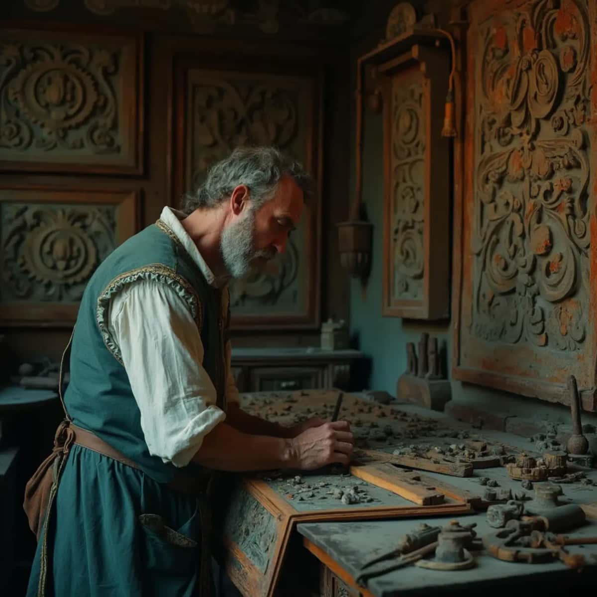 WOODCARVING LESSONS: Woodcarver Grabovetskiy, a man with a beard, holds a sign that says "What wood is the best for carving?" He looks thoughtful. Carving tools are on the table in front of him. - Wood Carving tutorials