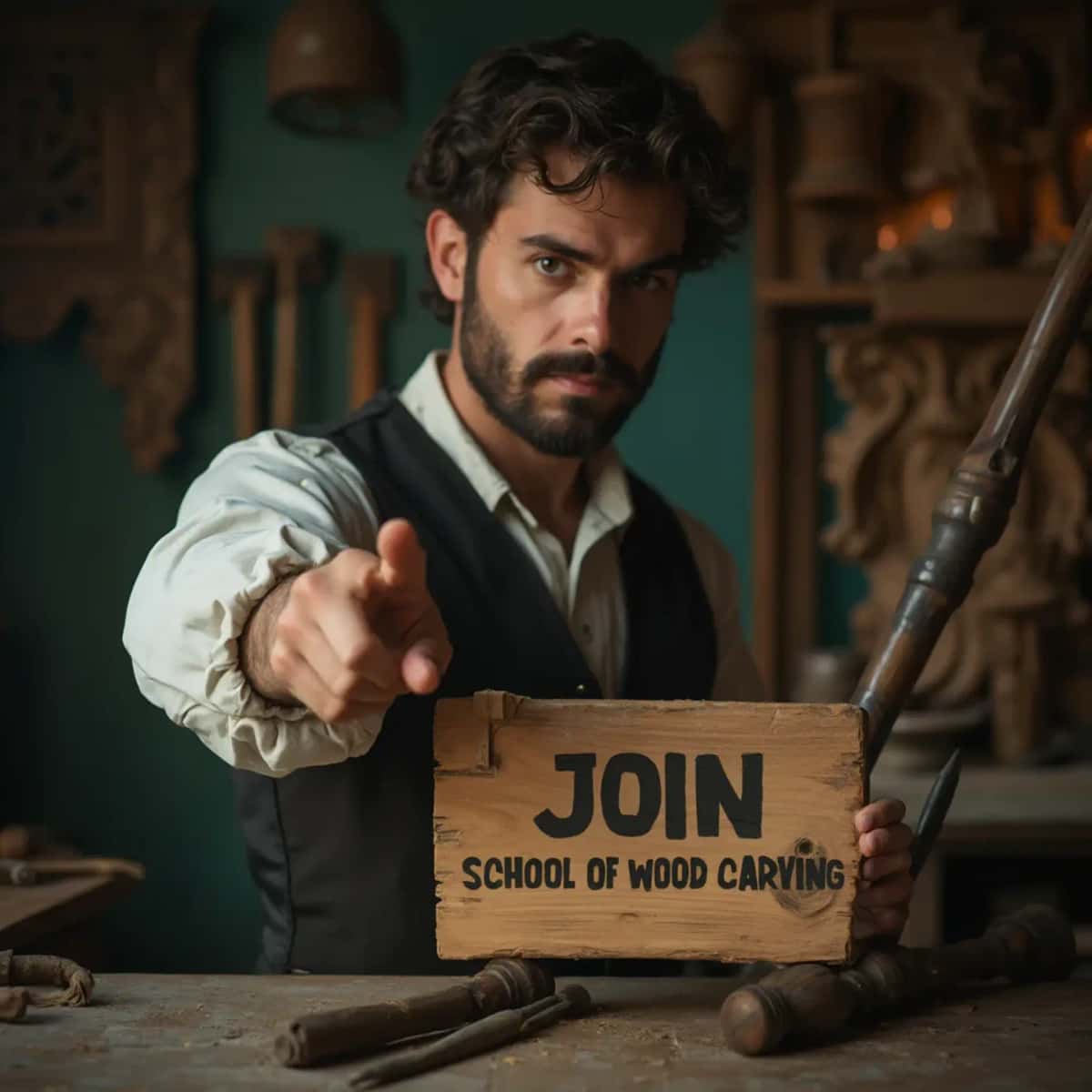 WOODCARVING LESSONS: Woodcarver Grabovetskiy, an elderly man with a gray beard, holds a carving tool and a sign that asks, "What is the best wood for carving? - Wood Carving tutorials