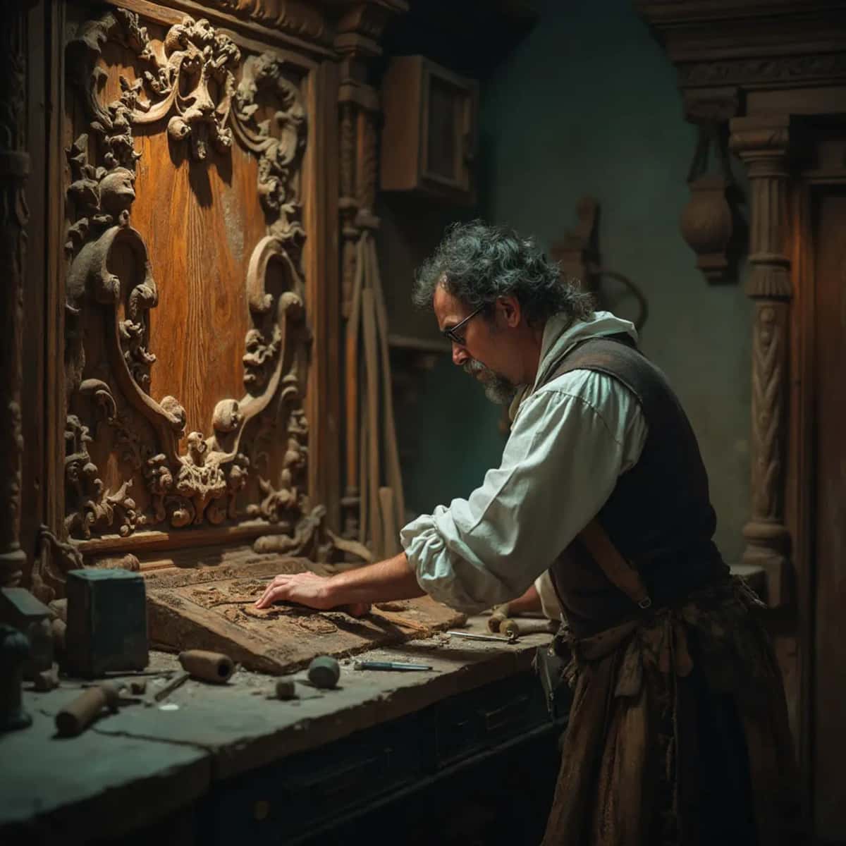 WOODCARVING LESSONS: Woodcarver Grabovetskiy, a man with a beard, holds a sign that says "What wood is the best for carving?" He looks thoughtful. Carving tools are on the table in front of him. - Wood Carving tutorials