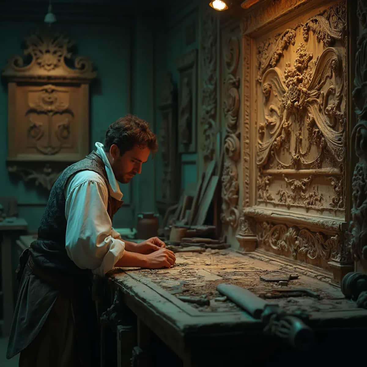 WOODCARVING LESSONS: Woodcarver Grabovetskiy, a man with a beard, holds a sign that says "What wood is the best for carving?" He looks thoughtful. Carving tools are on the table in front of him. - Wood Carving tutorials