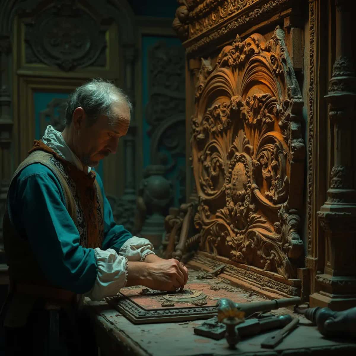 WOODCARVING LESSONS: Woodcarver Grabovetskiy, a man with a beard, holds a sign that says "What wood is the best for carving?" He looks thoughtful. Carving tools are on the table in front of him. - Wood Carving tutorials