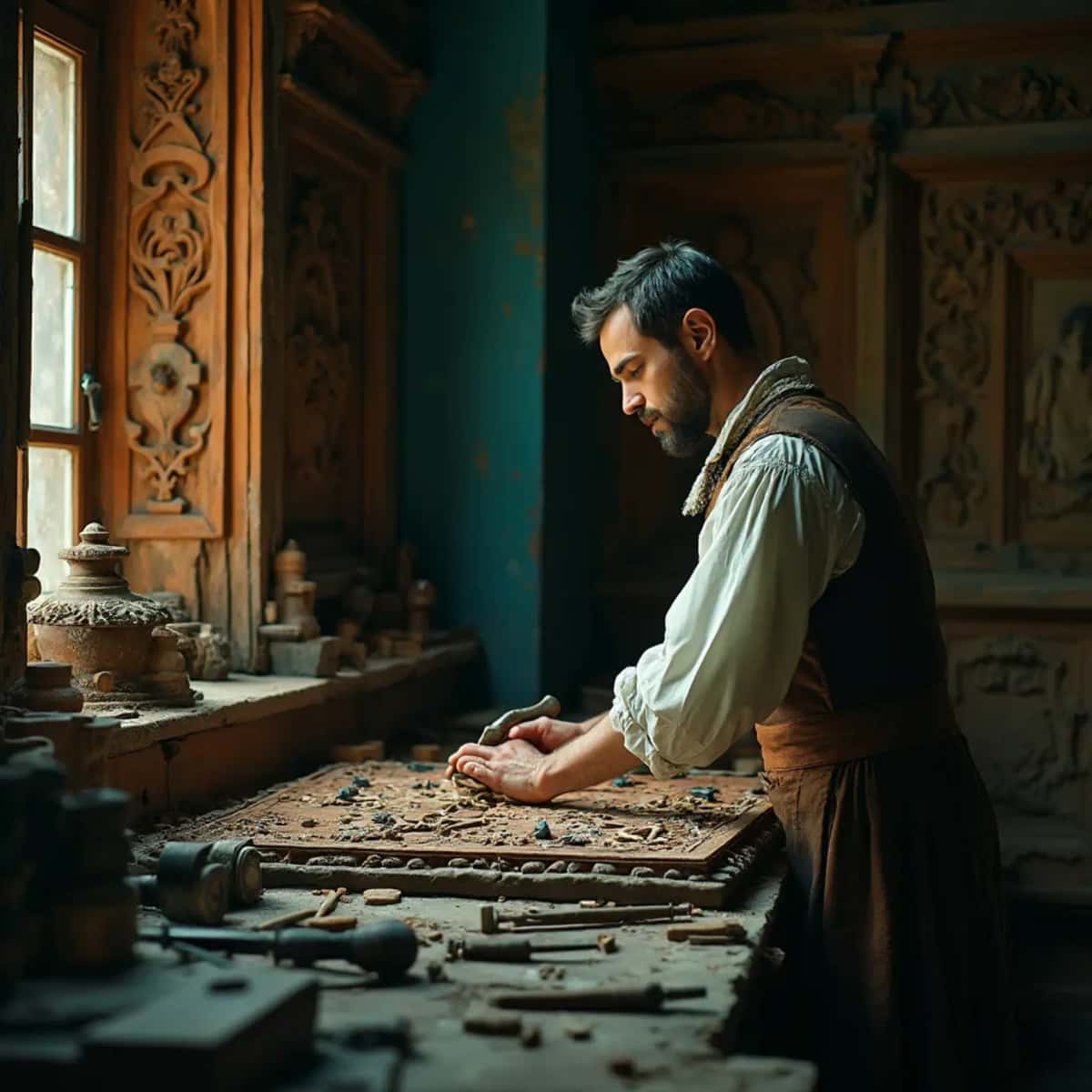 WOODCARVING LESSONS: Woodcarver Grabovetskiy, a man with a beard, holds a sign that says "What wood is the best for carving?" He looks thoughtful. Carving tools are on the table in front of him. - Wood Carving tutorials