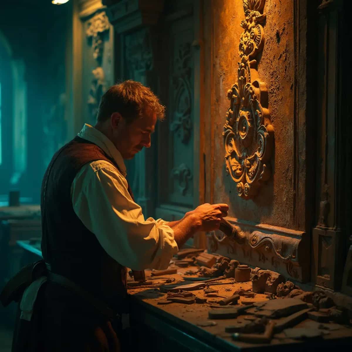 WOODCARVING LESSONS: Woodcarver Grabovetskiy, a man with a beard, holds a sign that says "What wood is the best for carving?" He looks thoughtful. Carving tools are on the table in front of him. - Wood Carving tutorials
