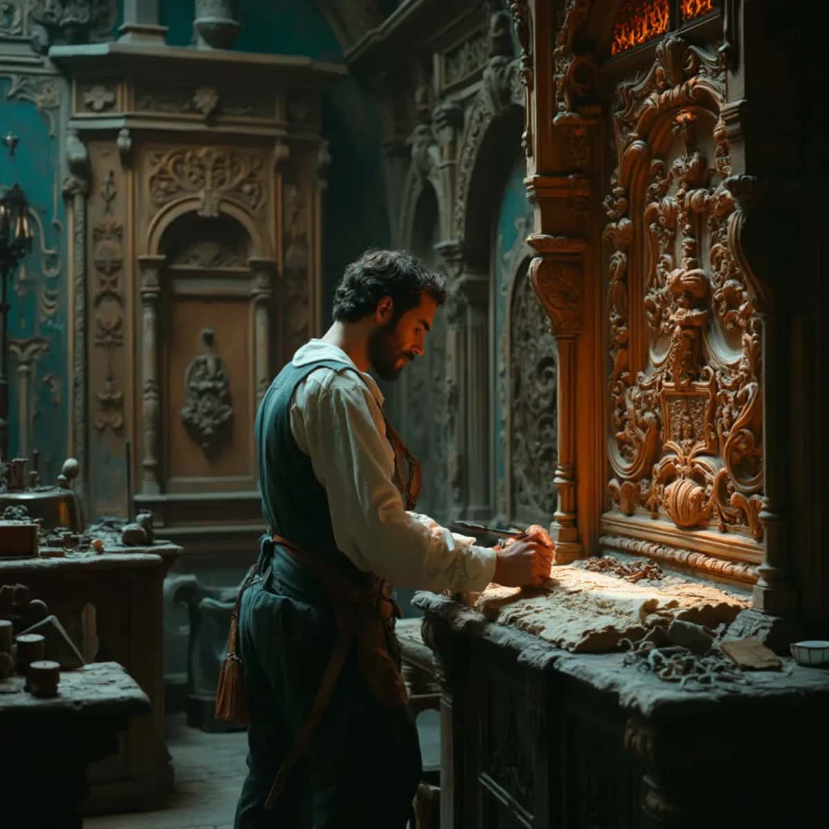 WOODCARVING LESSONS: Woodcarver Grabovetskiy, a man with a beard, holds a sign that says "What wood is the best for carving?" He looks thoughtful. Carving tools are on the table in front of him. - Wood Carving tutorials