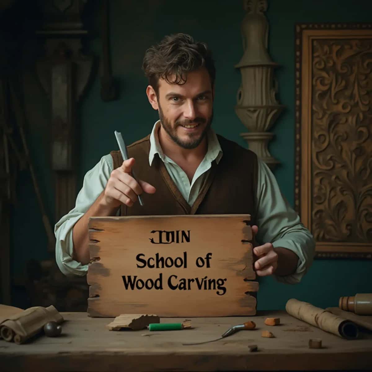 WOODCARVING LESSONS: Woodcarver Grabovetskiy, an elderly man with a gray beard, holds a carving tool and a sign that asks, "What is the best wood for carving? - Wood Carving tutorials