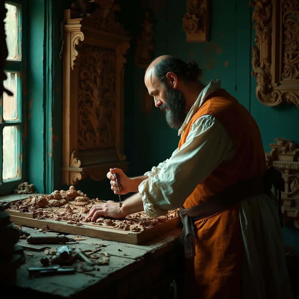 WOODCARVING LESSONS: Woodcarver Grabovetskiy, a man with a beard, holds a sign that says "What wood is the best for carving?" He looks thoughtful. Carving tools are on the table in front of him. - Wood Carving tutorials