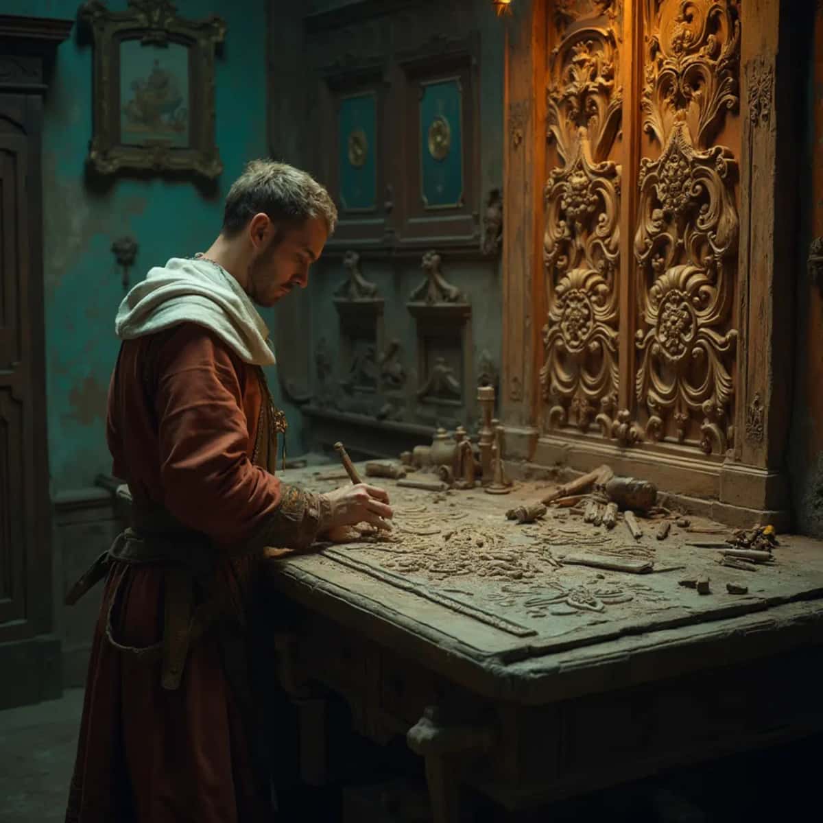 WOODCARVING LESSONS: Woodcarver Grabovetskiy, a man with a beard, holds a sign that says "What wood is the best for carving?" He looks thoughtful. Carving tools are on the table in front of him. - Wood Carving tutorials